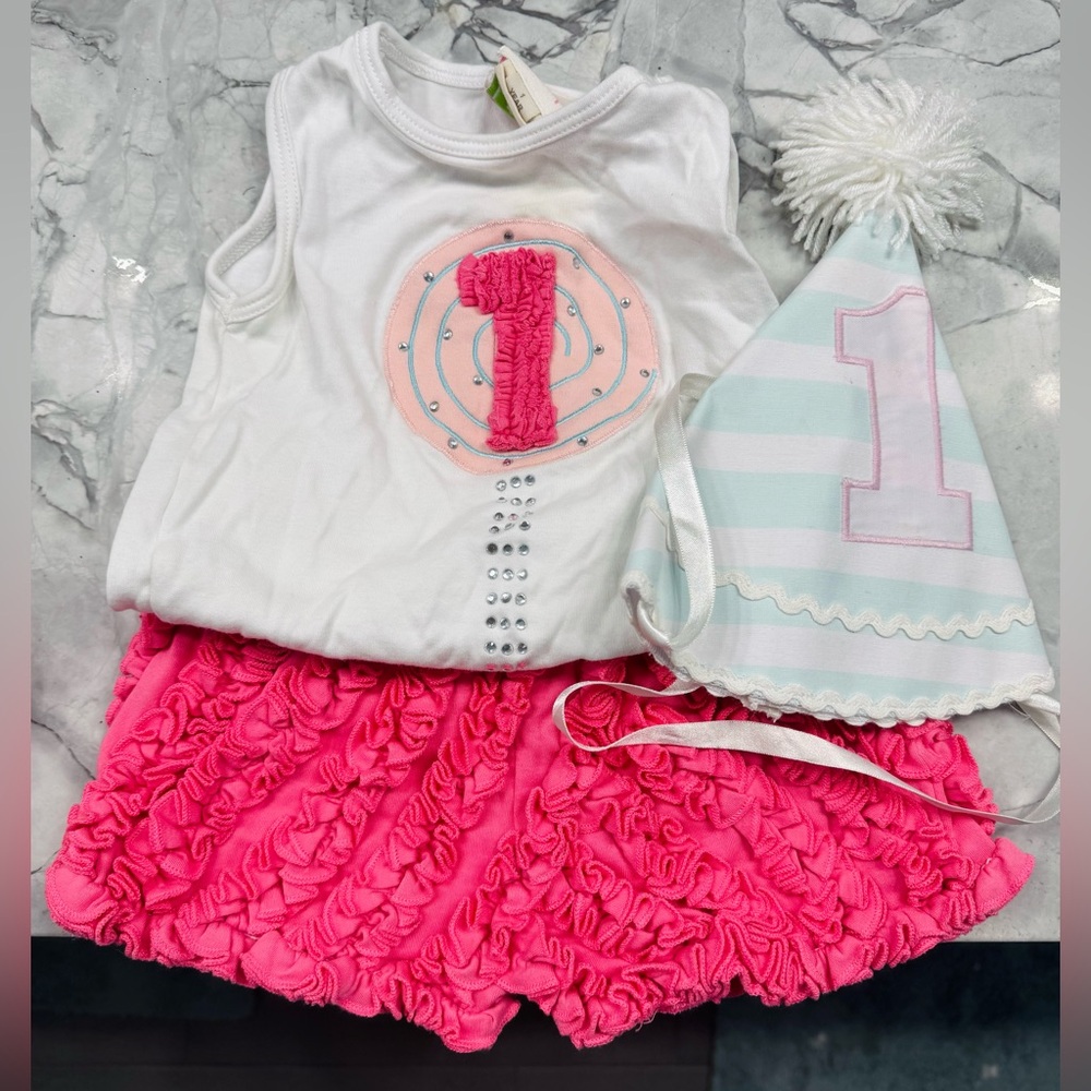 Pink and White 1st Birthday Outfit with Hat. Worn once for pictures!